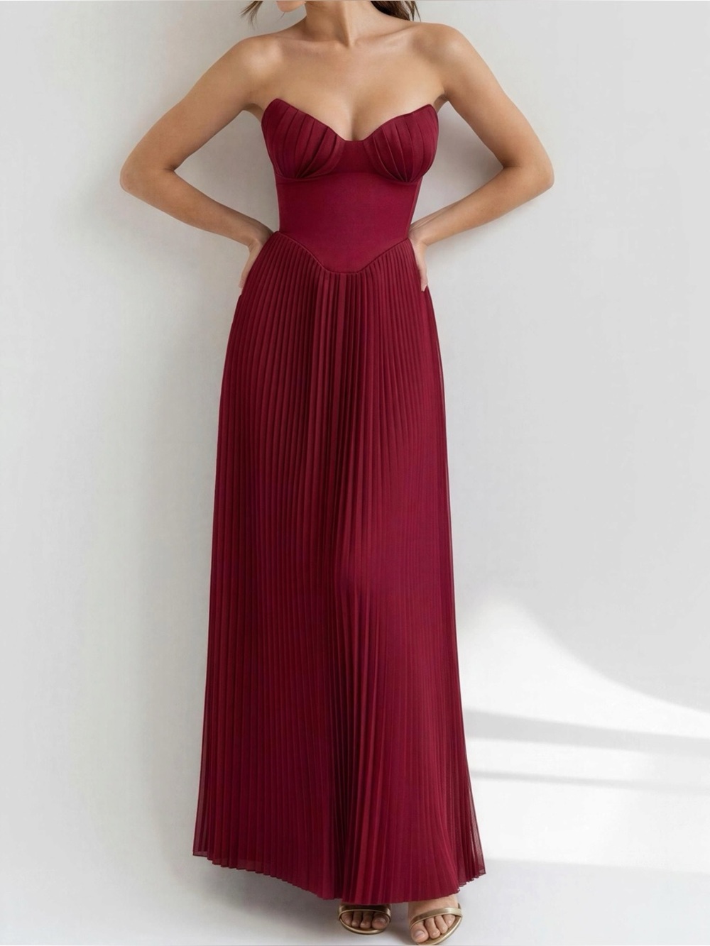 HOUSE OF CB Marcella Pleated Satin Maxi Dress, Berry, L+ (Plus Cup)